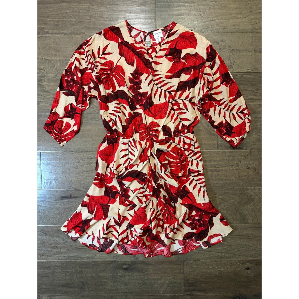 Johanna Ortiz x H&M Red Tropical Leaf‎ Print Mini Dress Medium Ruffle Tie Back